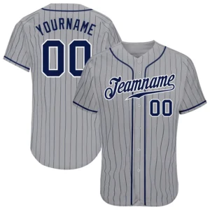 Custom Gray Pinstripe Baseball Jersey with Navy-White
