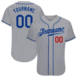 Custom Gray Pinstripe Baseball Jersey with Royal-Red