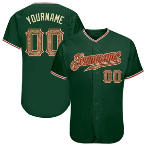 Custom Green Baseball Jersey with Camo-Red