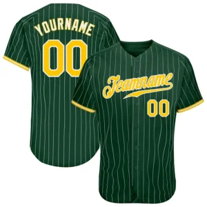 Custom Green Pinstripe Baseball Jersey with Gold-White