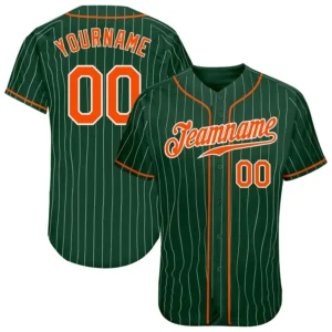 Custom Green Pinstripe Baseball Jersey with Orange-White