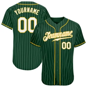 Custom Green Pinstripe Baseball Jersey with White-Gold