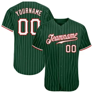 Custom Green Pinstripe Baseball Jersey with White-Red