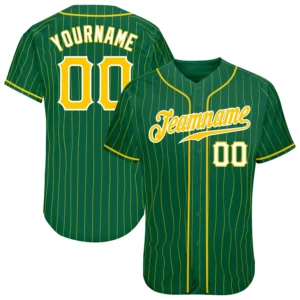 Custom Kelly Green Pinstripe Baseball Jersey with Gold-White