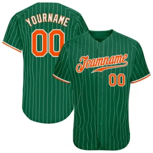 Custom Kelly Green Pinstripe Baseball Jersey with Orange-White