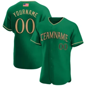 Custom Kelly Green USA Flag Fashion Baseball Jersey with Old Gold-Black