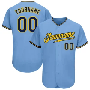 Custom Light Blue Baseball Jersey with Navy-Gold
