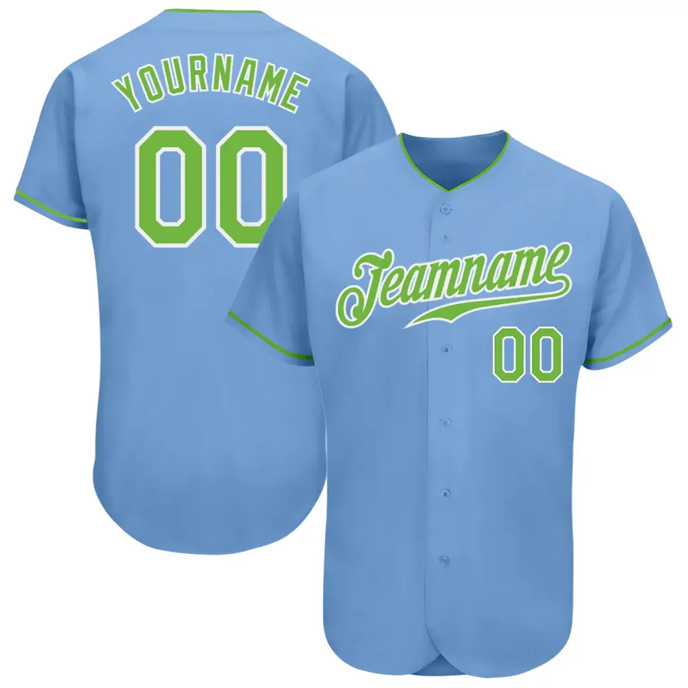Custom Light Blue Baseball Jersey with Neon Green-White