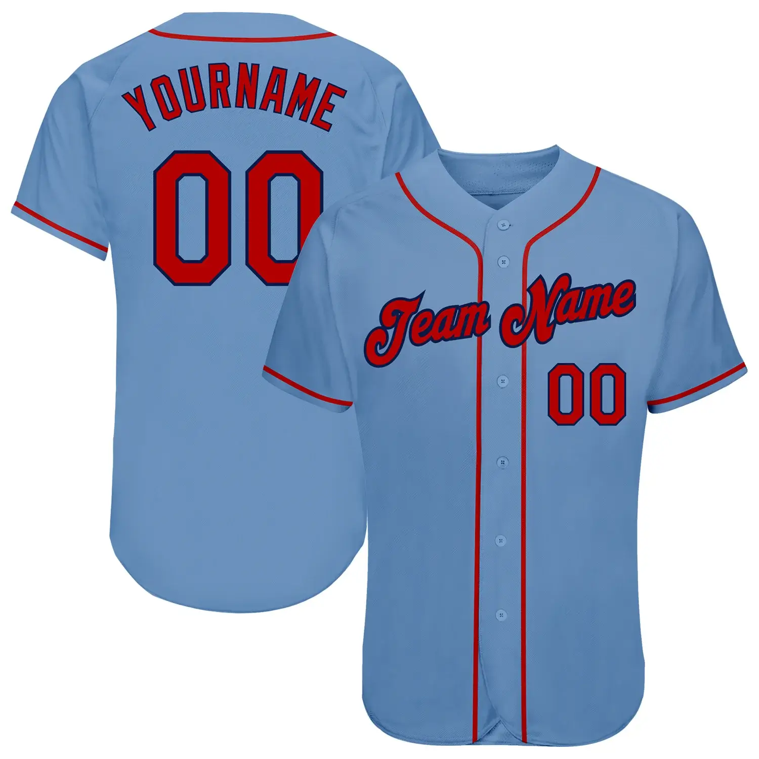 Custom Light Blue Baseball Jersey with Red-Navy