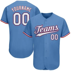 Custom Light Blue Baseball Jersey with White-Red