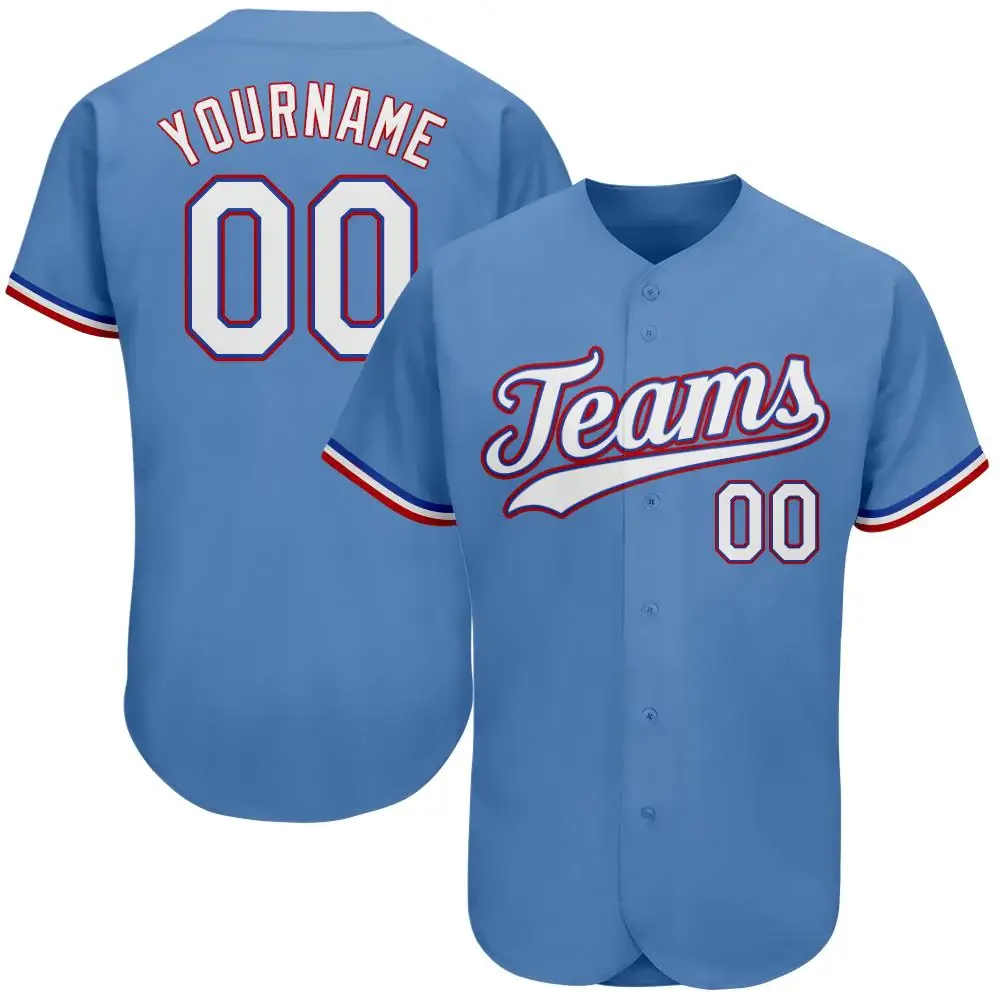 Custom Light Blue Baseball Jersey with White-Red
