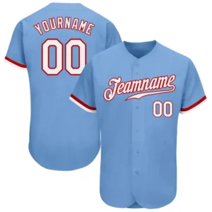Custom Light Blue Baseball Jersey with White-Red