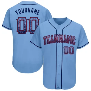 Custom Light Blue Drift Fashion Baseball Jersey with Navy-Red