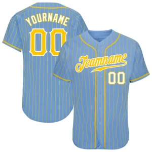 Custom Light Blue Pinstripe Baseball Jersey with Gold-White