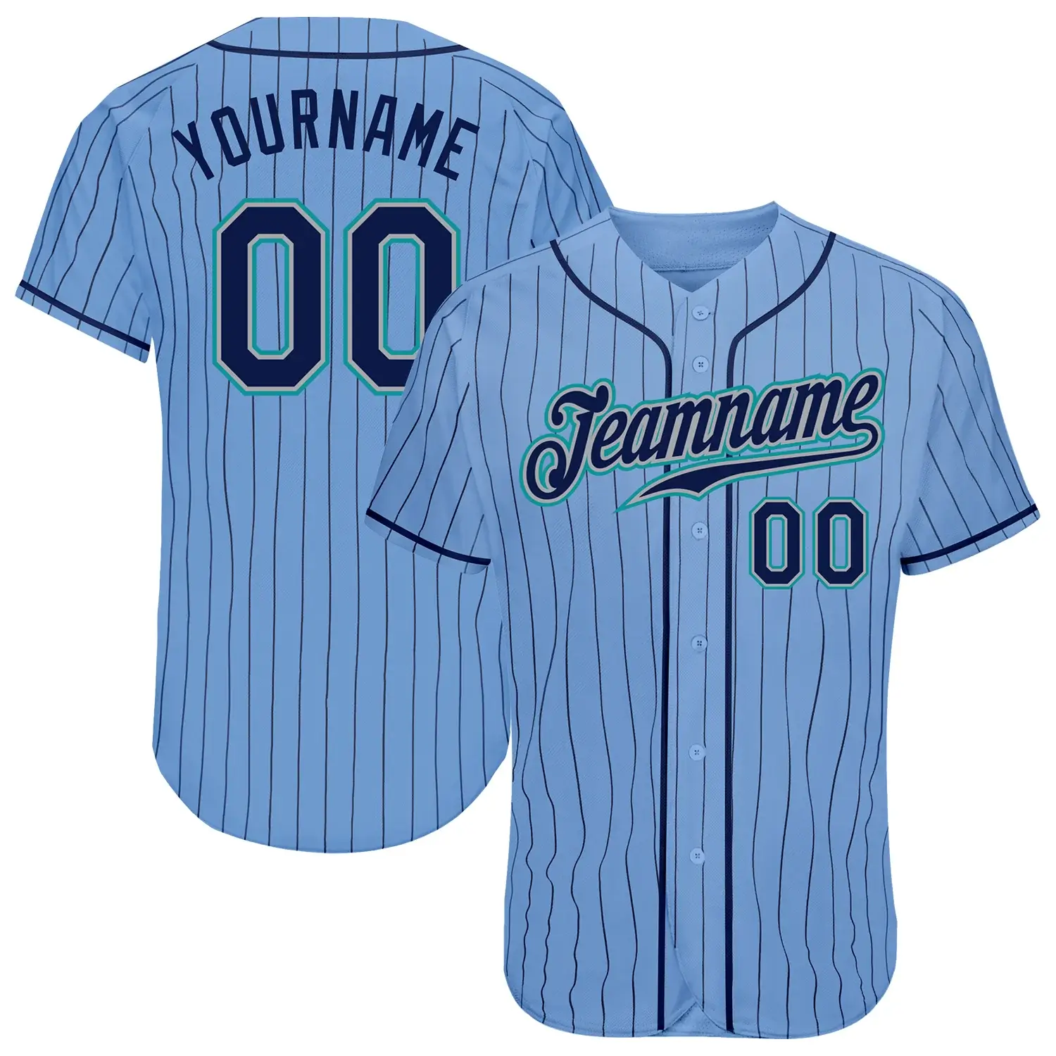 Custom Light Blue Pinstripe Baseball Jersey with Navy-Teal
