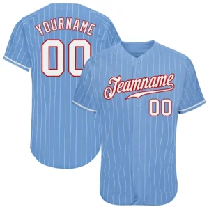 Custom Light Blue Pinstripe Baseball Jersey with White-Red