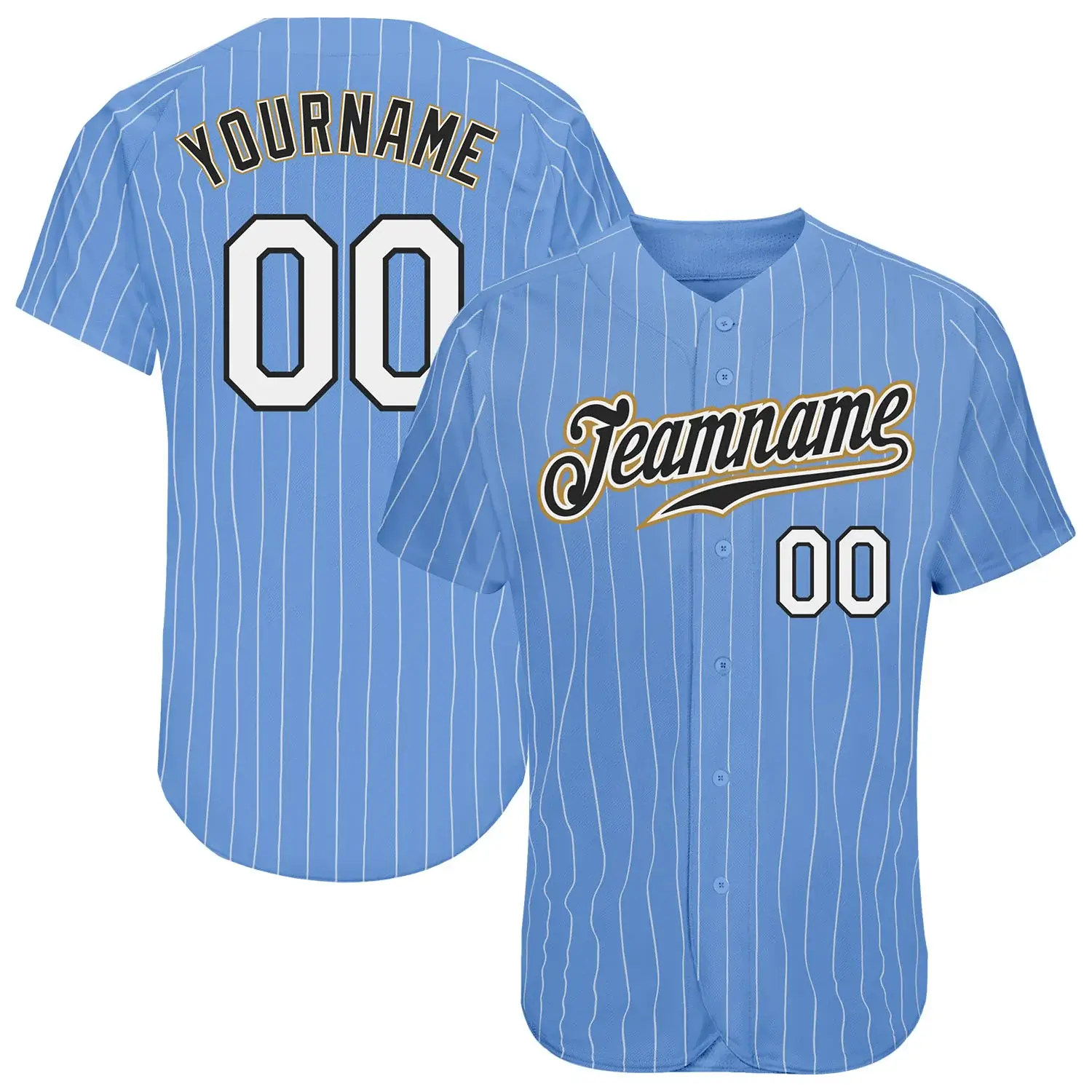 Custom Light Blue Pinstripe Baseball Jersey with White-Old Gold