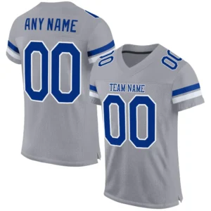 Custom Light Gray Mesh Football Jersey with Royal-White