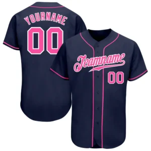 Custom Navy Baseball Jersey with Pink-White