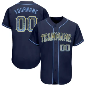 Custom Navy Drift Fashion Baseball Jersey with Light Blue-Gold