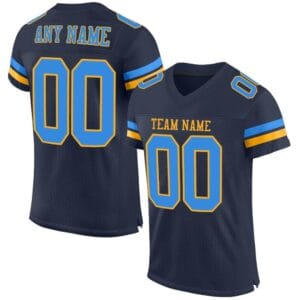 Custom Navy Mesh Football Jersey with Powder Blue-Gold