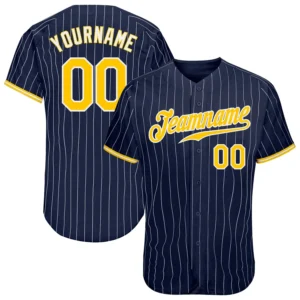Custom Navy Pinstripe Baseball Jersey with Gold-White