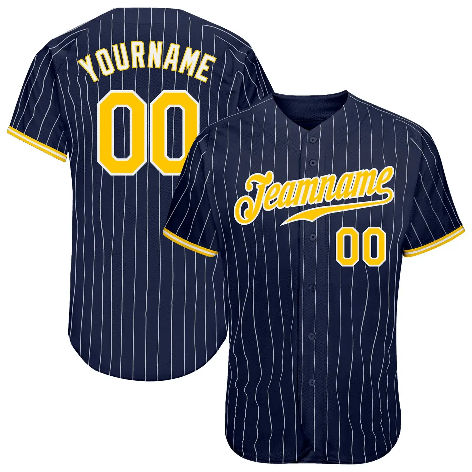 Custom Navy Pinstripe Baseball Jersey with Gold-White