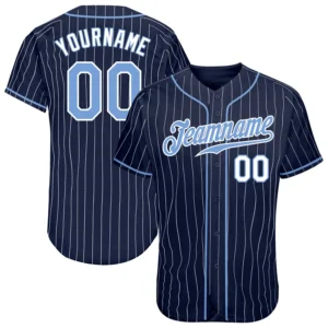 Custom Navy Pinstripe Baseball Jersey with Light Blue-White