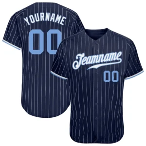 Custom Navy Pinstripe Baseball Jersey with Light Blue-White