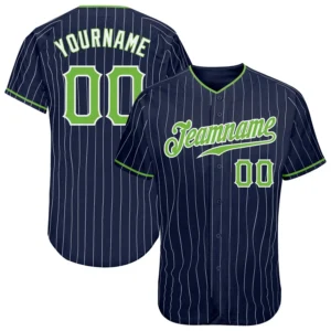 Custom Navy Pinstripe Baseball Jersey with Neon Green-White