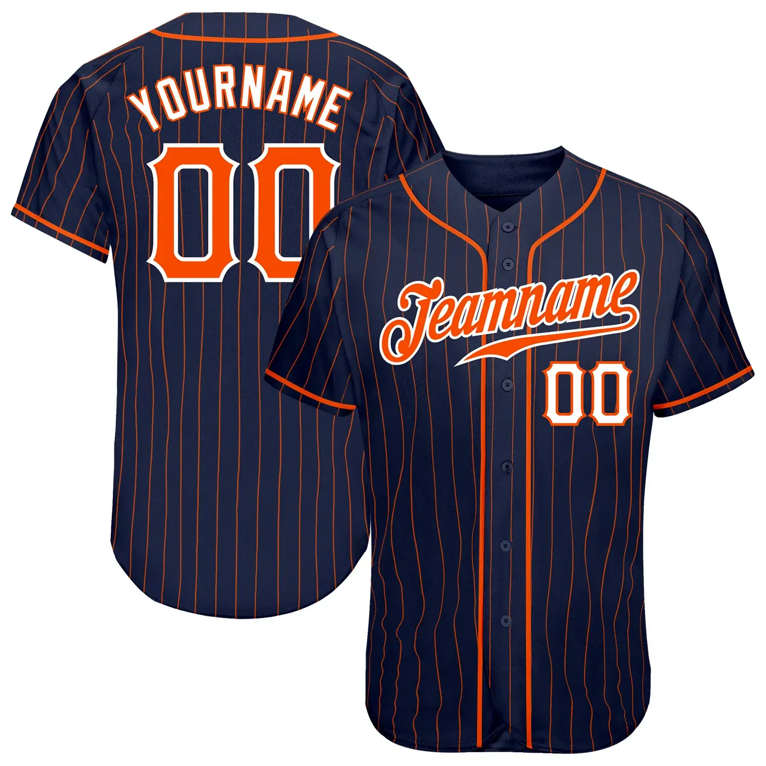 Custom Navy Pinstripe Baseball Jersey with Orange-White
