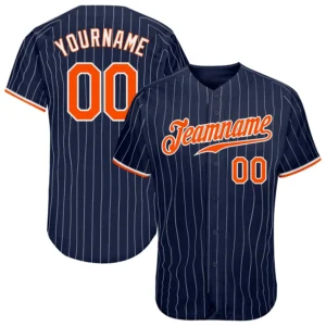 Custom Navy Pinstripe Baseball Jersey with Orange-White