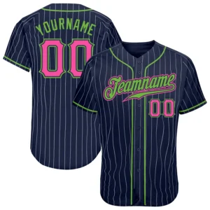 Custom Navy Pinstripe Baseball Jersey with Pink-Neon Green