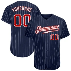 Custom Navy Pinstripe Baseball Jersey with Red-White