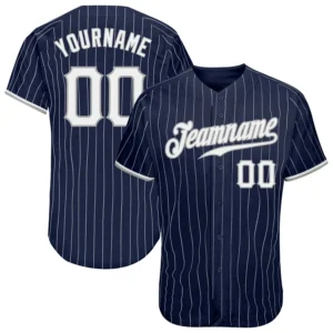 Custom Navy Pinstripe Baseball Jersey with White-Gray