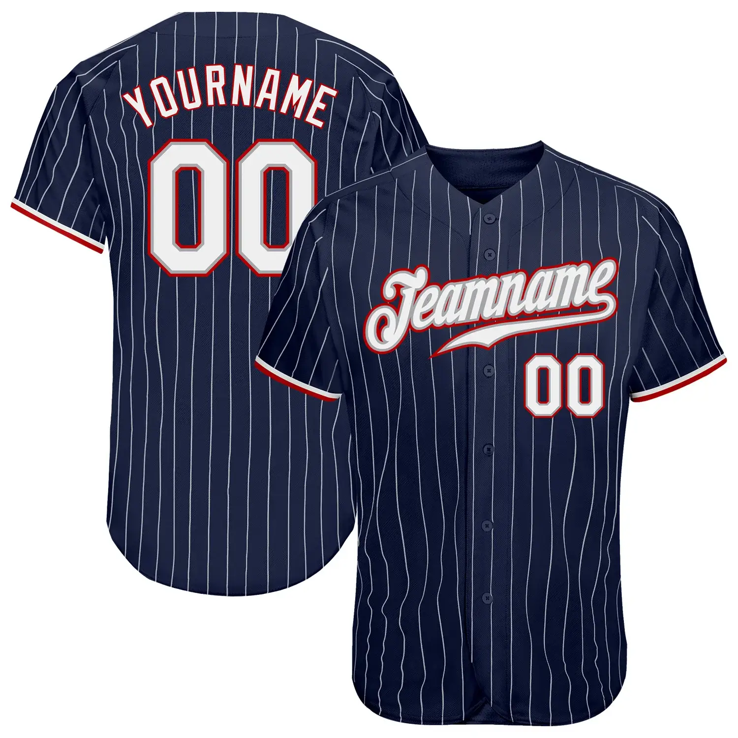 Custom Navy Pinstripe Baseball Jersey with White-Red
