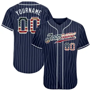 Custom Navy Pinstripe USA Flag Fashion Baseball Jersey with White