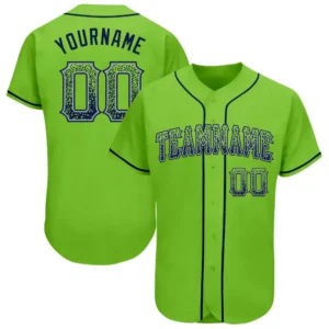 Custom Neon Green Drift Fashion Baseball Jersey with Navy-Gray