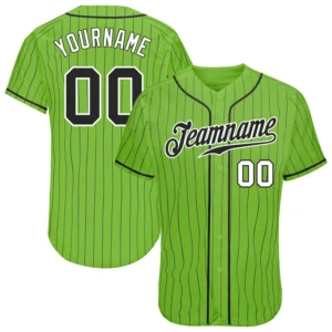 Custom Neon Green Pinstripe Baseball Jersey with Black-White