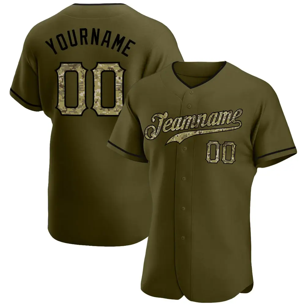 Custom Olive Baseball Jersey with Camo-Black