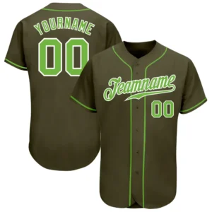 Custom Olive Baseball Jersey with Neon Green-White