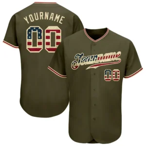 Custom Olive USA Flag Fashion Baseball Jersey with Cream