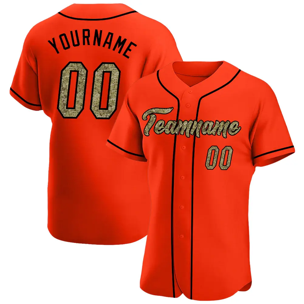 Custom Orange Baseball Jersey with Camo-Black