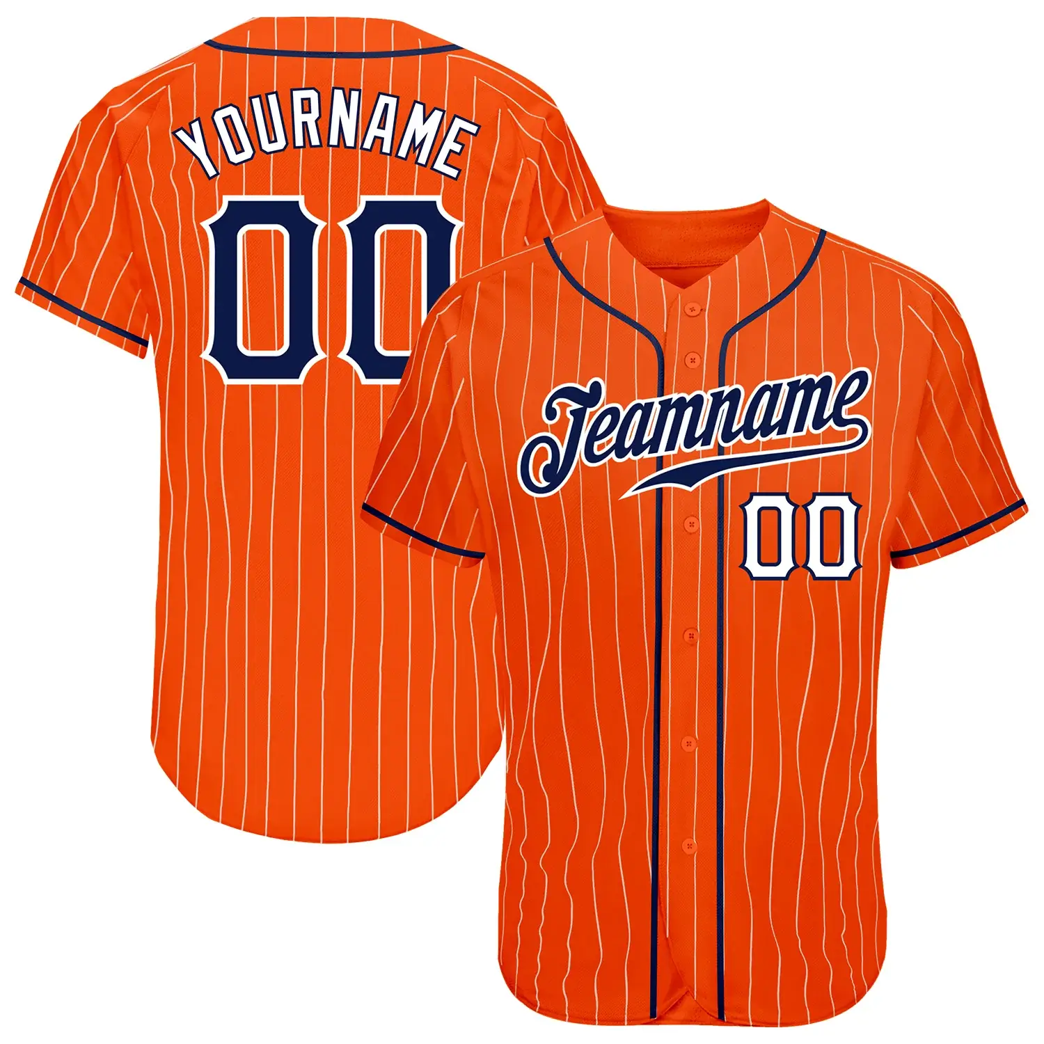 Custom Orange Pinstripe Baseball Jersey with Navy-White