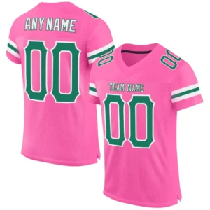 Custom Pink Mesh Football Jersey with Kelly Green-White