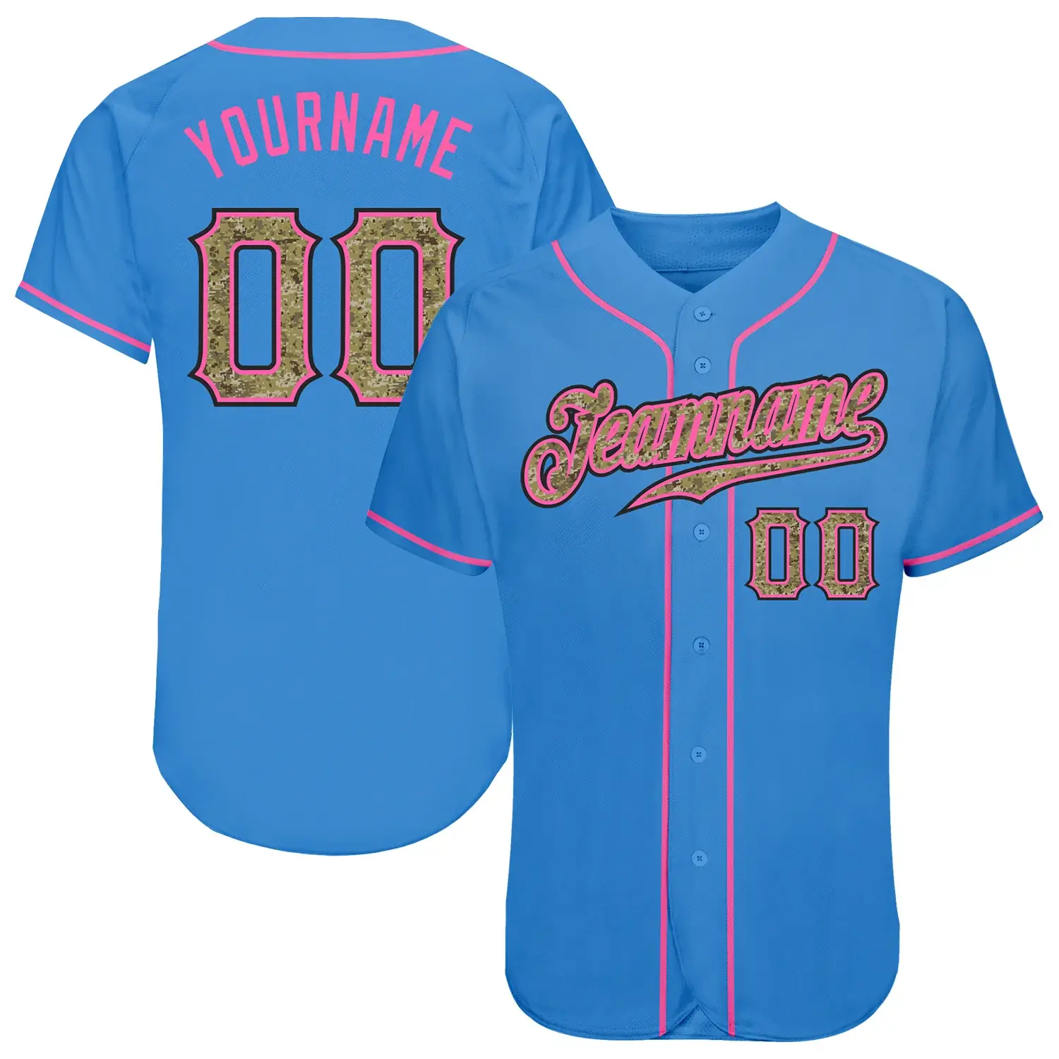Custom Powder Blue Baseball Jersey with Camo-Pink