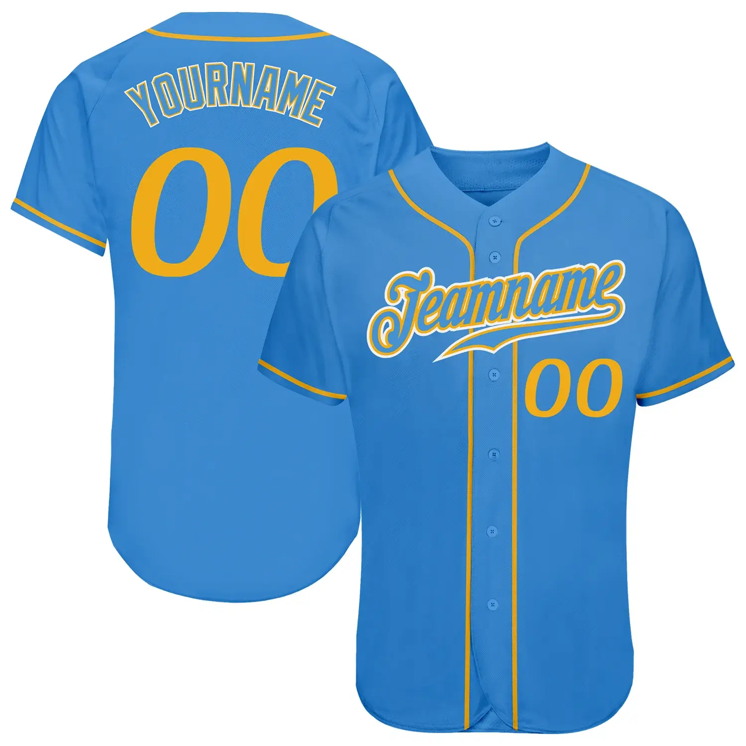 Custom Powder Blue Baseball Jersey with Gold-White