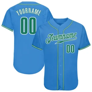 Custom Powder Blue Baseball Jersey with Kelly Green-White