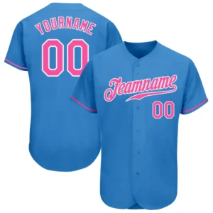 Custom Powder Blue Baseball Jersey with Pink-White