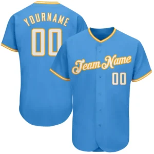 Custom Powder Blue Baseball Jersey with White-Gold